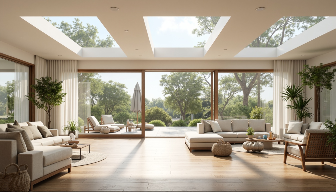 Prompt: Bright airy interior, floor-to-ceiling windows, sliding glass doors, minimalist decor, light-colored walls, polished wooden floors, sleek modern furniture, greenery accents, natural textiles, woven baskets, pendant lamps, sheer curtains, reflective surfaces, mirror finishes, open-plan layout, high ceilings, clerestory windows, skylights, soft warm lighting, 1/1 composition, shallow depth of field, panoramic view.