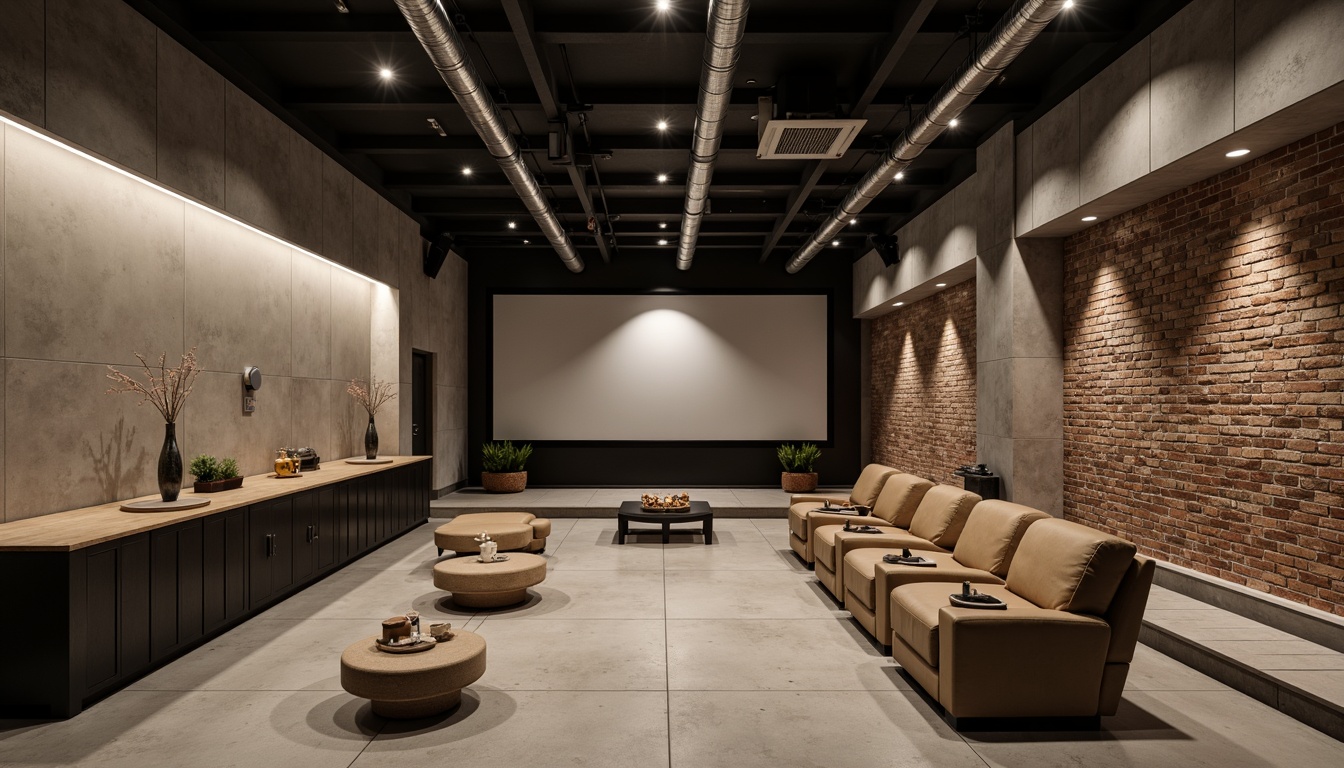 Prompt: Monochromatic cinema interior, minimalist decor, sleek metallic surfaces, concrete flooring, industrial pipes, exposed brick walls, softbox lighting, cinematic screens, comfortable leather seats, reclaimed wood accents, polished chrome fixtures, subtle texture overlays, warm beige tones, desaturated color palette, shallow depth of field, 1/1 composition, realistic reflections, ambient occlusion.