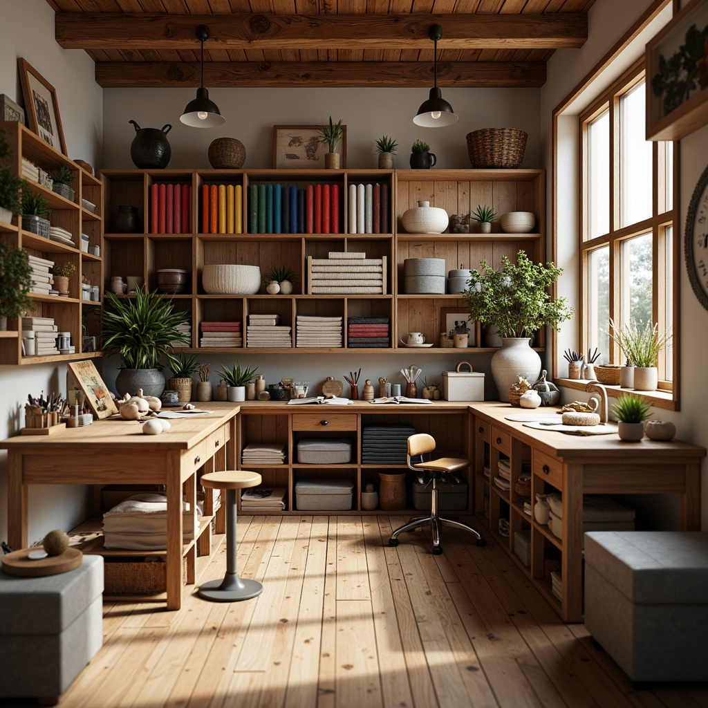 Prompt: \Cozy crafting studio, wooden worktables, organized storage units, colorful fabric rolls, thread spools, yarn balls, paintbrush holders, metal tool chests, ergonomic stools, natural wood textures, warm soft lighting, shallow depth of field, 1/1 composition, realistic renderings, ambient occlusion, creative freedom.\