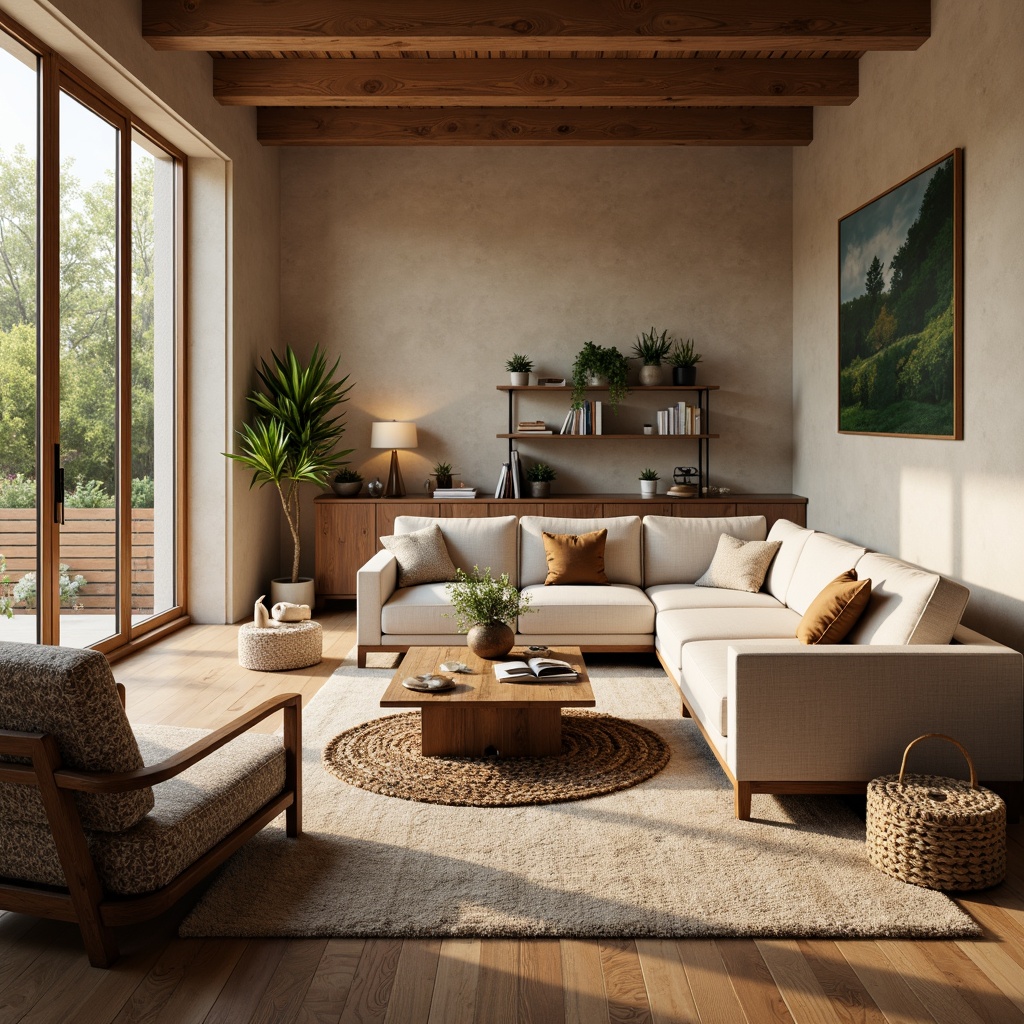 Prompt: Cozy family room, warm atmosphere, soft carpet flooring, plush area rugs, comfortable seating, natural wood tones, earthy color palette, rustic wooden coffee table, modern sectional sofa, large windows, abundant natural light, warm beige walls, textured wall decor, subtle patterned upholstery, gentle ambient lighting, shallow depth of field, 2/3 composition, realistic textures.