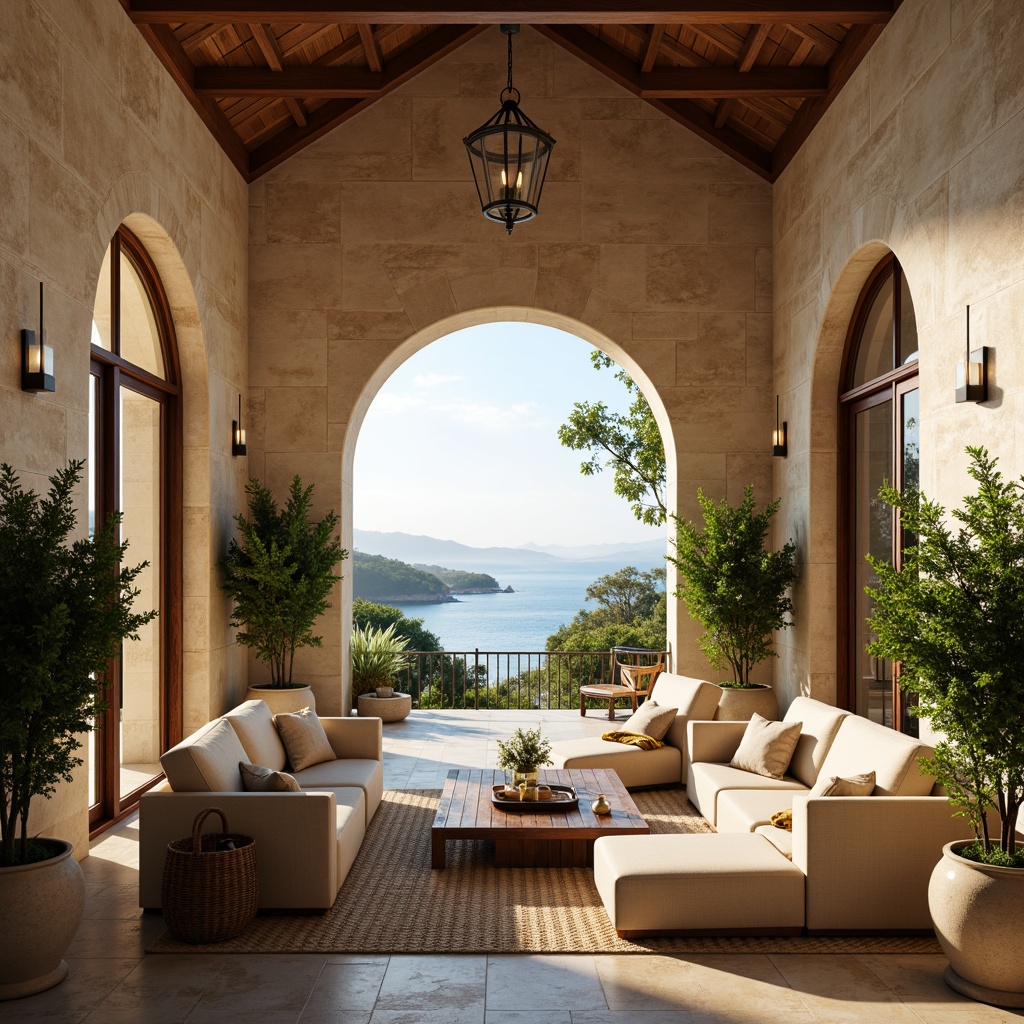 Prompt: Luxurious villa, Mediterranean style, grand entrance, high ceilings, spacious living room, comfortable sofas, elegant armchairs, wooden coffee table, rustic stone walls, floor-to-ceiling windows, breathtaking ocean views, lush greenery, exotic plants, natural fiber rugs, warm beige color scheme, soft golden lighting, 3/4 composition, shallow depth of field, realistic textures, ambient occlusion.