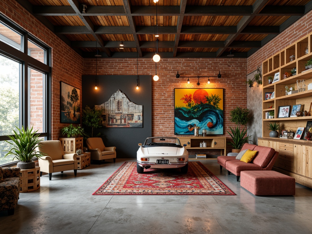 Prompt: Vibrant eclectic garage interior, polished concrete floors, distressed wood accents, industrial-style metal trusses, exposed brick walls, rustic wooden crates, vintage car displays, eclectic furniture pieces, colorful Moroccan-inspired tiles, natural fiber rugs, reclaimed wood shelving, Edison bulb lighting, urban loft atmosphere, warm earthy tones, high-gloss finishes, abstract geometric patterns, bold contrasting colors, dynamic 3/4 composition, softbox lighting, shallow depth of field.