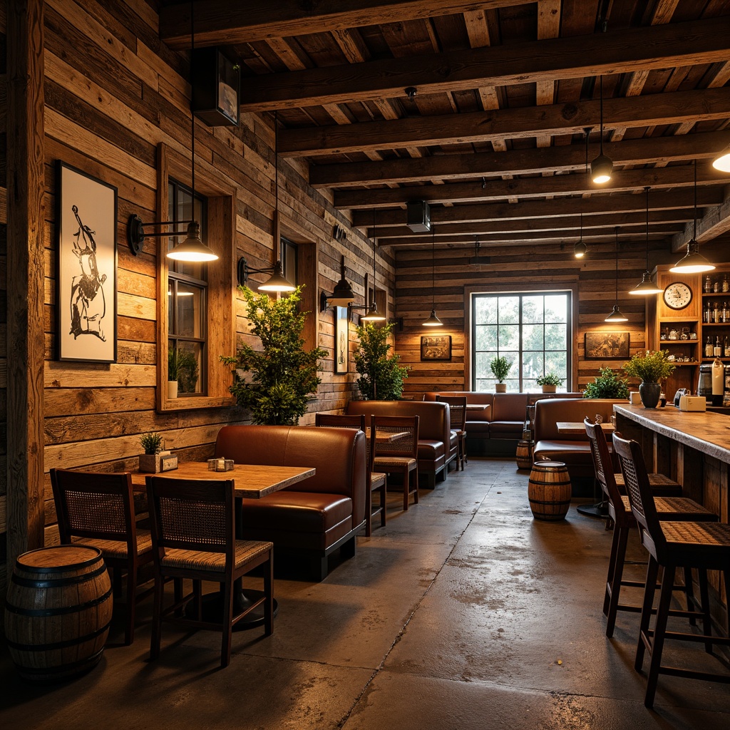 Prompt: Rustic pub interior, reclaimed wood walls, distressed wooden planks, exposed brick accents, natural stone features, earthy color palette, warm ambient lighting, cozy atmosphere, vintage metal signs, wooden beer barrels, antique furniture, rich leather upholstery, woven wicker chairs, dimmable pendant lamps, rustic metal decor, textured concrete floors, soft warm glow, shallow depth of field, 1/2 composition, realistic textures.