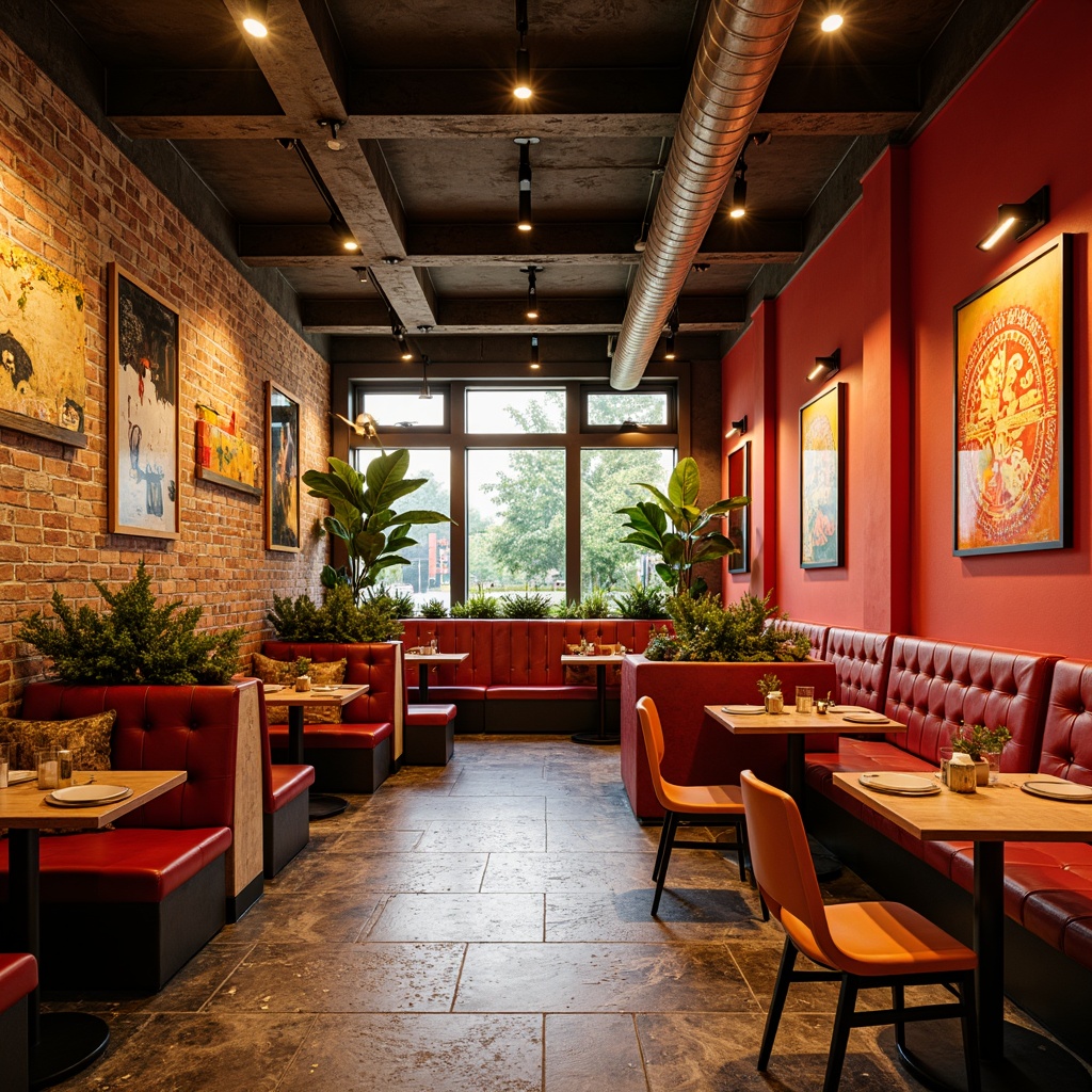 Prompt: Vibrant eatery, bold color scheme, warm golden lighting, rich wood accents, modern industrial decor, exposed brick walls, sleek metal fixtures, lush green plants, comfortable seating areas, eclectic artwork, geometric patterns, warm beige tones, deep crimson hues, bright citrus colors, natural stone floors, minimalist tables, cozy corner booths, warm ambiance, inviting atmosphere.