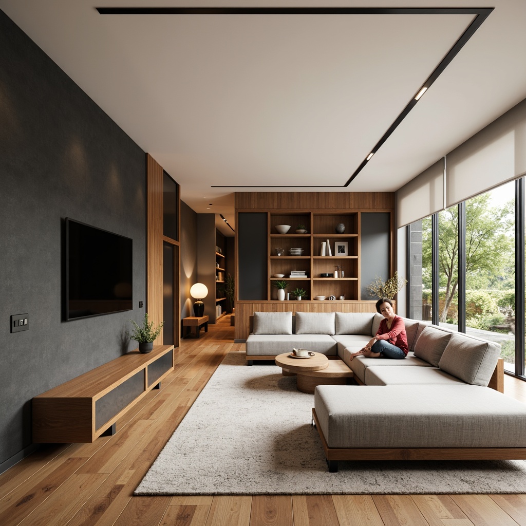 Prompt: Modern living room, sleek wooden flooring, minimalist decor, comfortable sofas, accent walls, functional shelving units, hidden storage compartments, optimized furniture arrangement, smooth traffic flow, open-plan layout, natural light pouring in, soft warm ambiance, 1/1 composition, shallow depth of field, realistic textures, ambient occlusion.