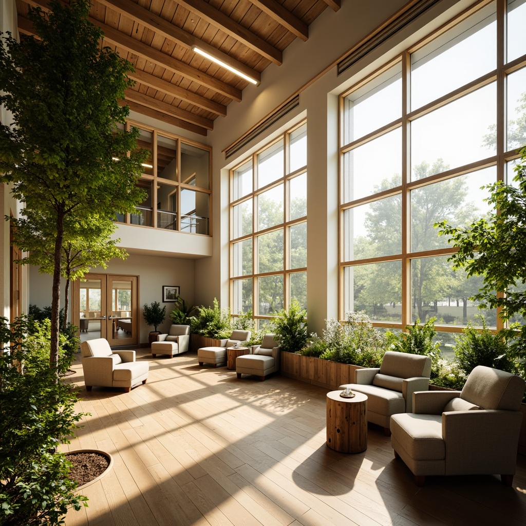 Prompt: Spacious rehabilitation center, abundant natural light, floor-to-ceiling windows, sheer curtains, warm wooden floors, comfortable seating areas, lush green plants, calming water features, soothing color palette, gentle ambient lighting, soft shadows, 1/2 composition, realistic textures, subtle reflections, warm sunny day, shallow depth of field, panoramic view.