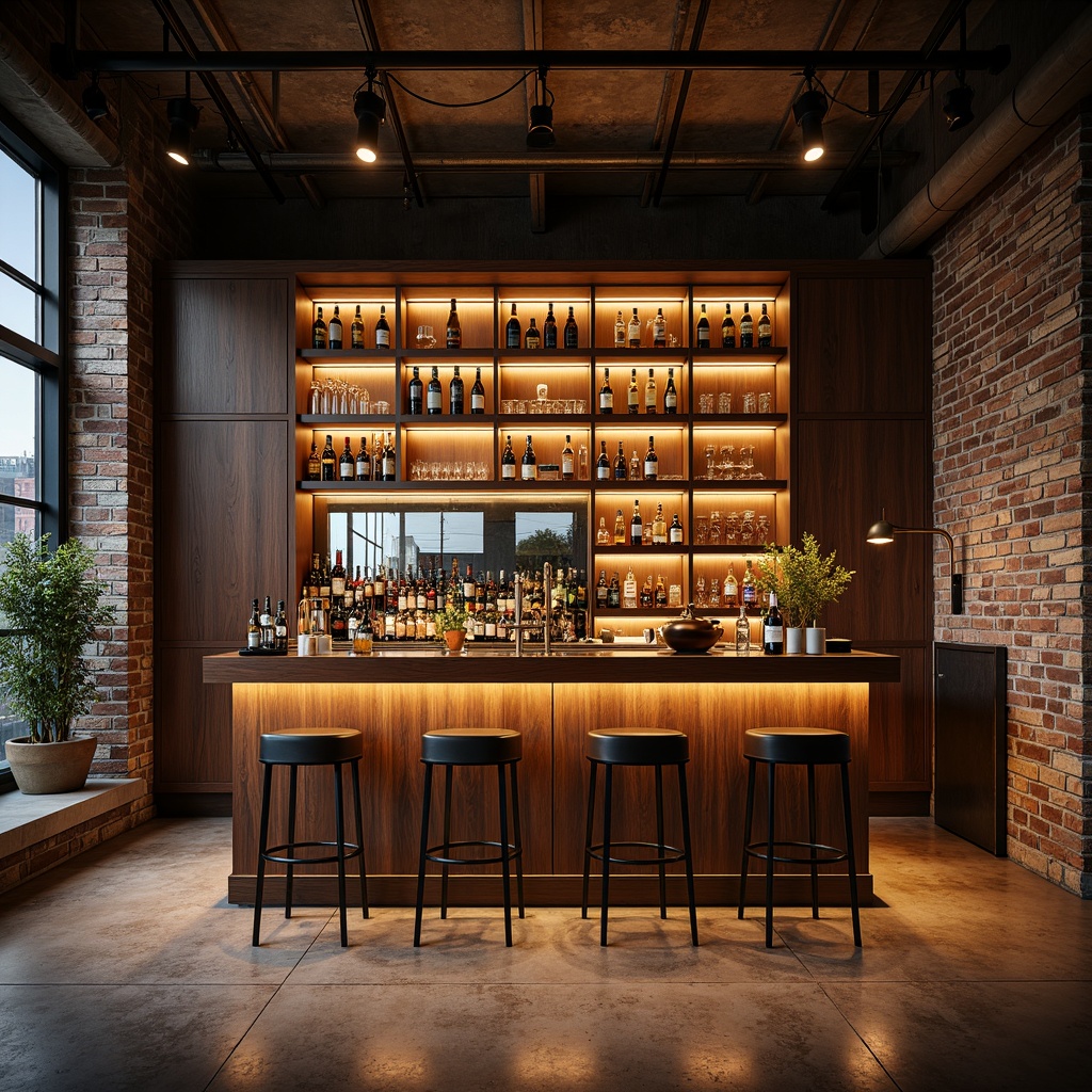 Prompt: Luxurious home bar, sleek metal shelving units, ambient LED lighting, rich wooden accents, glass bottle displays, wine rack systems, modern minimalist design, industrial chic aesthetic, exposed brick walls, polished concrete floors, urban loft atmosphere, dramatic spotlights, 3/4 composition, shallow depth of field, warm golden hour lighting.