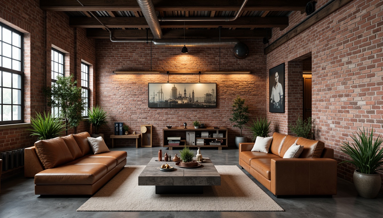 Prompt: Exposed brick walls, metal beams, reclaimed wood accents, industrial chic decor, vintage factory lights, distressed leather sofas, metallic coffee tables, edgy artwork, urban loft atmosphere, raw concrete floors, minimalist color palette, functional modern furniture, repurposed machinery parts, eclectic mix of textures, dramatic high ceilings, moody ambient lighting, 1/1 composition, cinematic camera angles, realistic renderings.