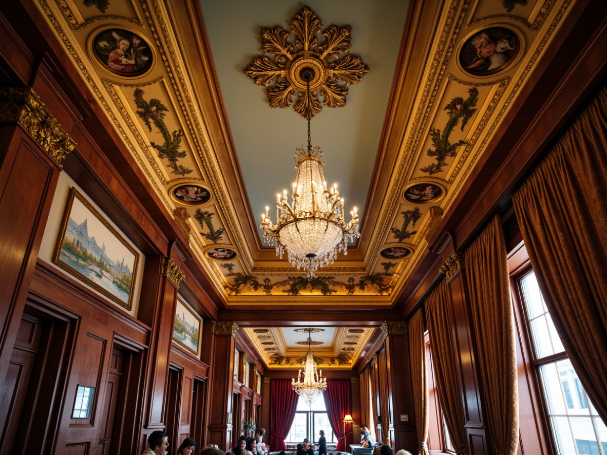 Prompt: Ornate Victorian-style ceiling, intricate plasterwork, decorative molding, lavish chandeliers, crystal droplets, rich wood tones, ornamental ceiling medallions, painted ceiling murals, gilded accents, luxurious fabrics, heavy drapery, opulent furnishings, classic color palette, warm golden lighting, shallow depth of field, 1/1 composition, realistic textures, ambient occlusion.