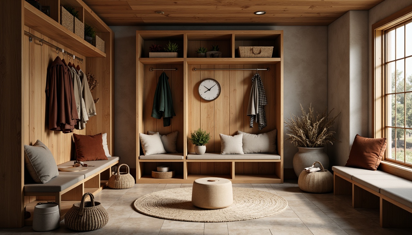 Prompt: Cozy mudroom, rustic wooden accents, plush cushions, velvet upholstery, tufted buttons, stainless steel frames, modern minimalist design, soft warm lighting, natural stone flooring, woven baskets, earthy color palette, organic textures, shallow depth of field, 1/1 composition, realistic reflections, ambient occlusion.