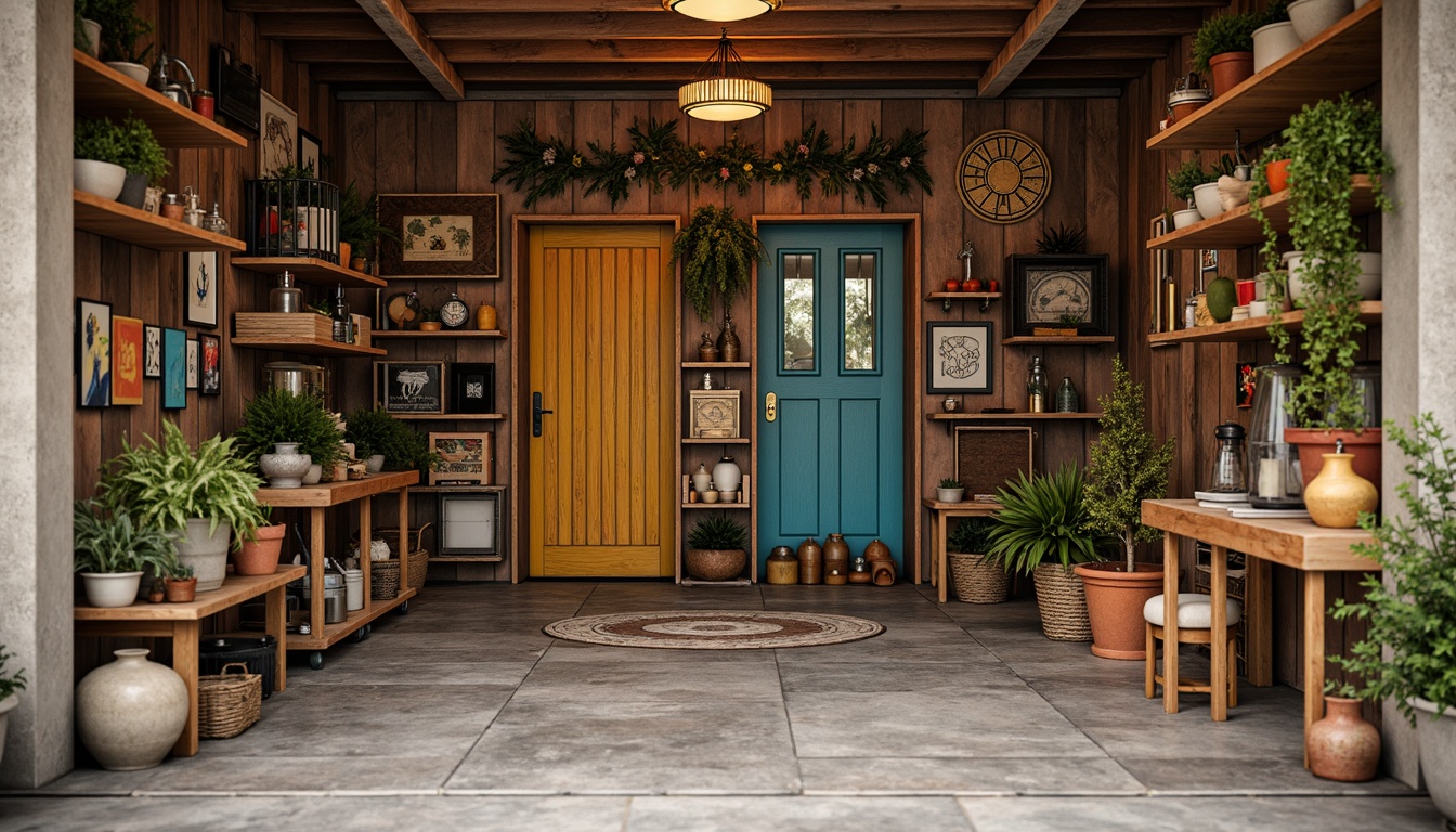 Prompt: Vibrant eclectic family garage, rustic wooden doors, distressed metal accents, colorful vintage decorations, retro-style lanterns, eclectic mix of storage units, industrial shelving systems, reclaimed wood crates, woven baskets, natural stone flooring, earthy color palette, warm ambient lighting, shallow depth of field, 1/1 composition, realistic textures, ambient occlusion.