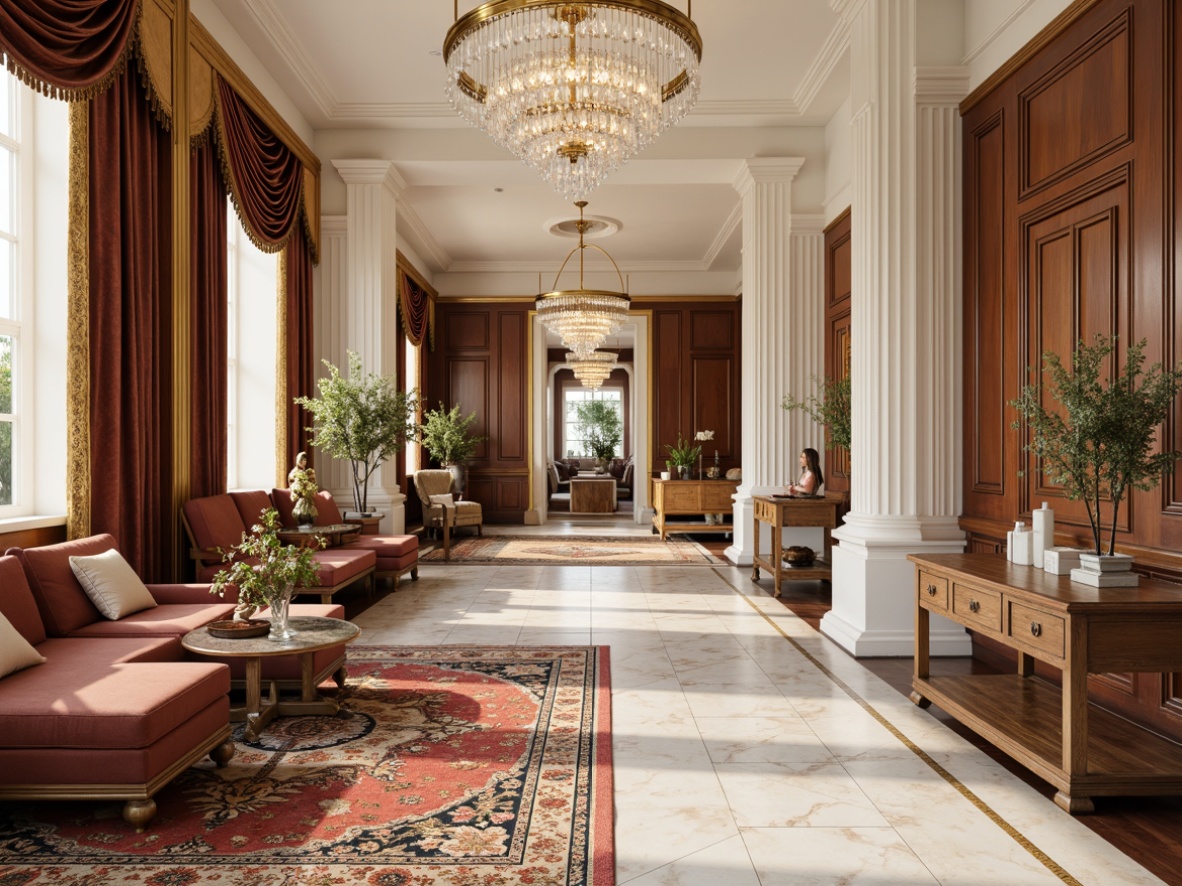 Prompt: Luxurious neoclassical interior, richly veined marble floors, ornate carved wood paneling, gilded gold leaf accents, crystal chandeliers, velvet upholstery, intricately patterned rugs, polished bronze hardware, creamy white walls, stately columns, grandiose archways, soft warm lighting, shallow depth of field, 1/1 composition, realistic textures, ambient occlusion.