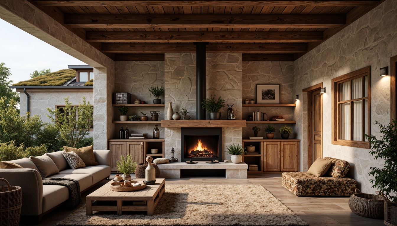 Prompt: Rustic cabin, natural stone walls, wooden beam ceilings, earthy color palette, reclaimed wood furniture, vintage metal decorations, cozy fireplace, plush woolen textiles, woven wicker baskets, potted plants, soft warm lighting, shallow depth of field, 3/4 composition, panoramic view, realistic textures, ambient occlusion, moss-covered rooftops, wooden shutters, distressed finishes, earthy aroma, crackling fire sounds.