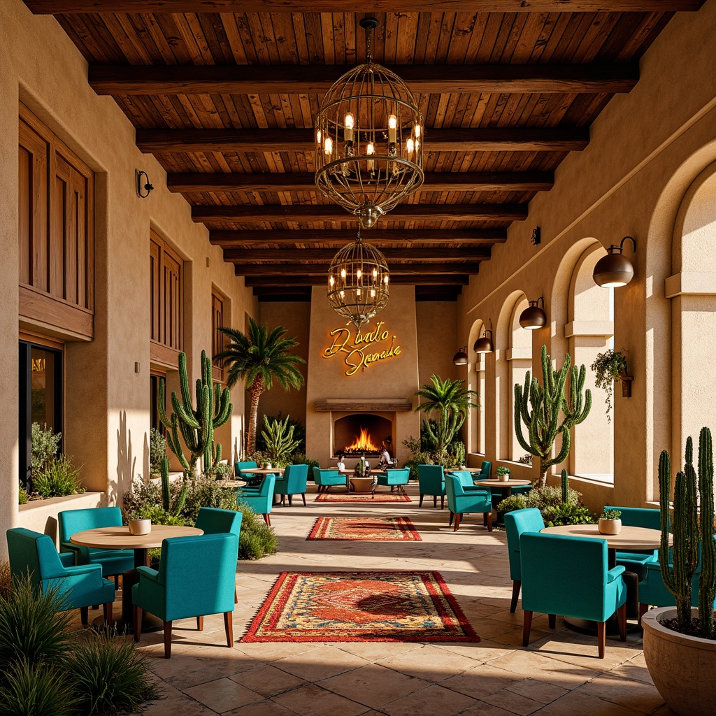 Prompt: Vibrant turquoise accents, rustic wooden textures, patterned Navajo rugs, ornate metalwork fixtures, bold cacti arrangements, warm golden lighting, adobe-inspired architecture, southwestern-style tile work, rich velvet drapes, flashy neon signage, lavish chandeliers, intricate stucco designs, desert botanicals, sprawling palm trees, majestic stone fireplaces, cozy intimate seating areas, dramatic ceiling treatments, eclectic vintage decor, whimsical folk art patterns.