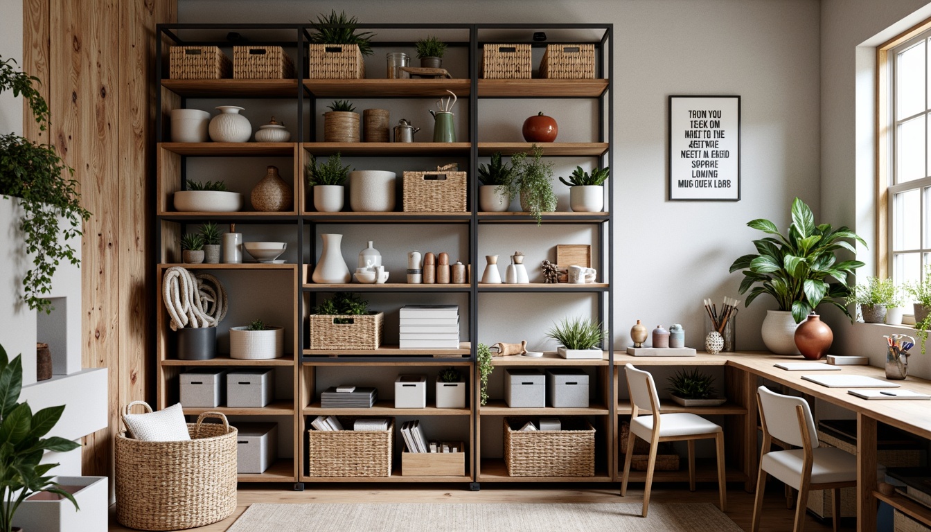 Prompt: Compact craft room, organized shelving units, wooden storage crates, woven baskets, colorful fabric bins, labeled containers, ergonomic workstations, adjustable desks, good task lighting, plenty of negative space, Scandinavian-inspired interior design, reclaimed wood accents, industrial metal shelves, vintage decorative items, cozy throw blankets, inspirational quotes, soft natural light, 1/2 composition, shallow depth of field.