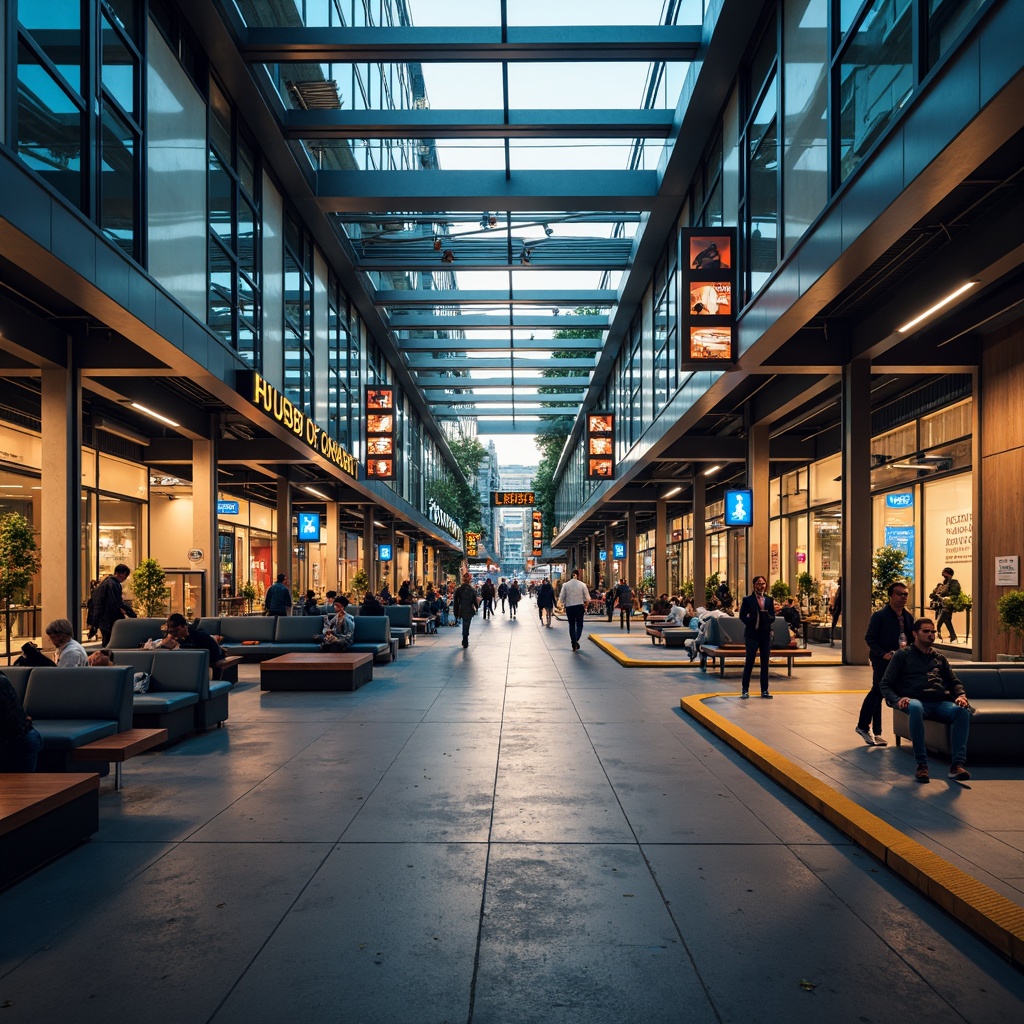 Prompt: Vibrant bus station, modern architecture, sleek metal beams, large glass windows, bright LED lights, dynamic signage, comfortable seating areas, urban cityscape, morning rush hour, soft warm lighting, shallow depth of field, 3/4 composition, realistic textures, ambient occlusion.