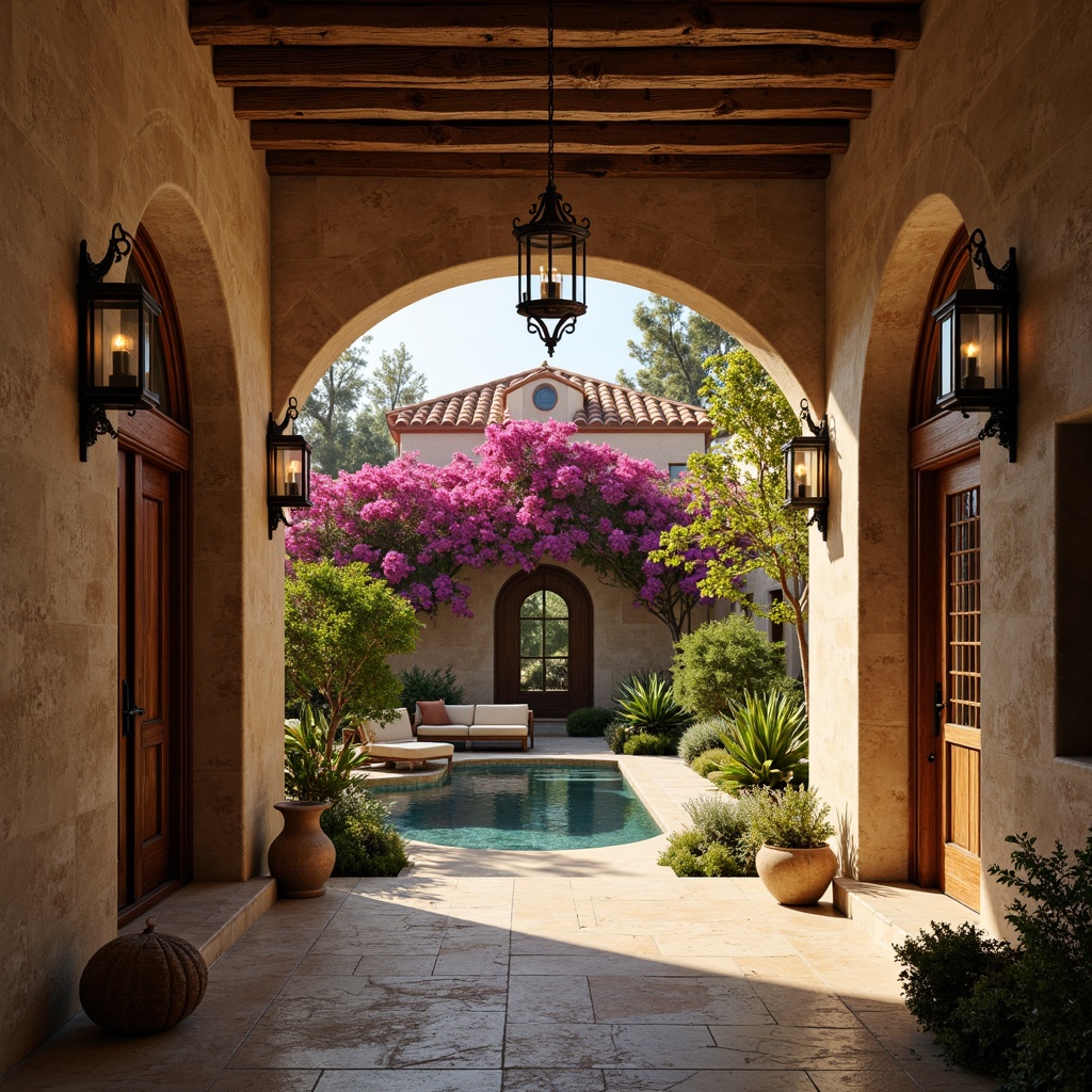 Prompt: Warm Mediterranean villa, rustic stone walls, curved archways, ornate wooden doors, terracotta roofs, lush greenery, vibrant bougainvillea, crystal clear waters, soft warm lighting, golden hour ambiance, pendant lanterns, wrought iron chandeliers, candles, floor lamps, table lamps, ambient occlusion, realistic shadows, 1/2 composition, shallow depth of field, natural textures, earthy tones.