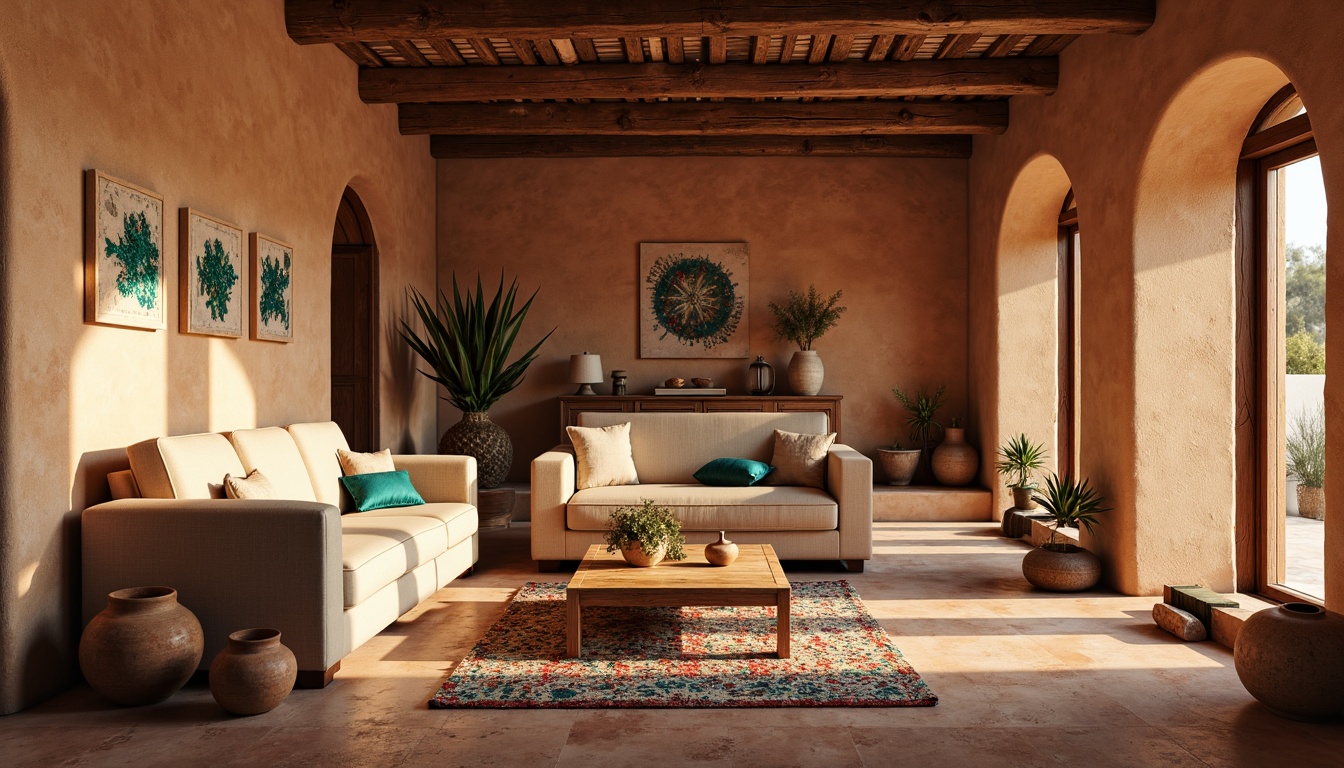 Prompt: Earthy adobe walls, reclaimed wood accents, rustic wooden beams, terracotta floor tiles, woven wool rugs, vibrant turquoise decorative accents, natural linen upholstery, distressed leather furniture, earthy clay pottery, Pueblo-inspired geometric patterns, warm golden lighting, soft shadows, shallow depth of field, 1/1 composition, realistic textures, ambient occlusion.