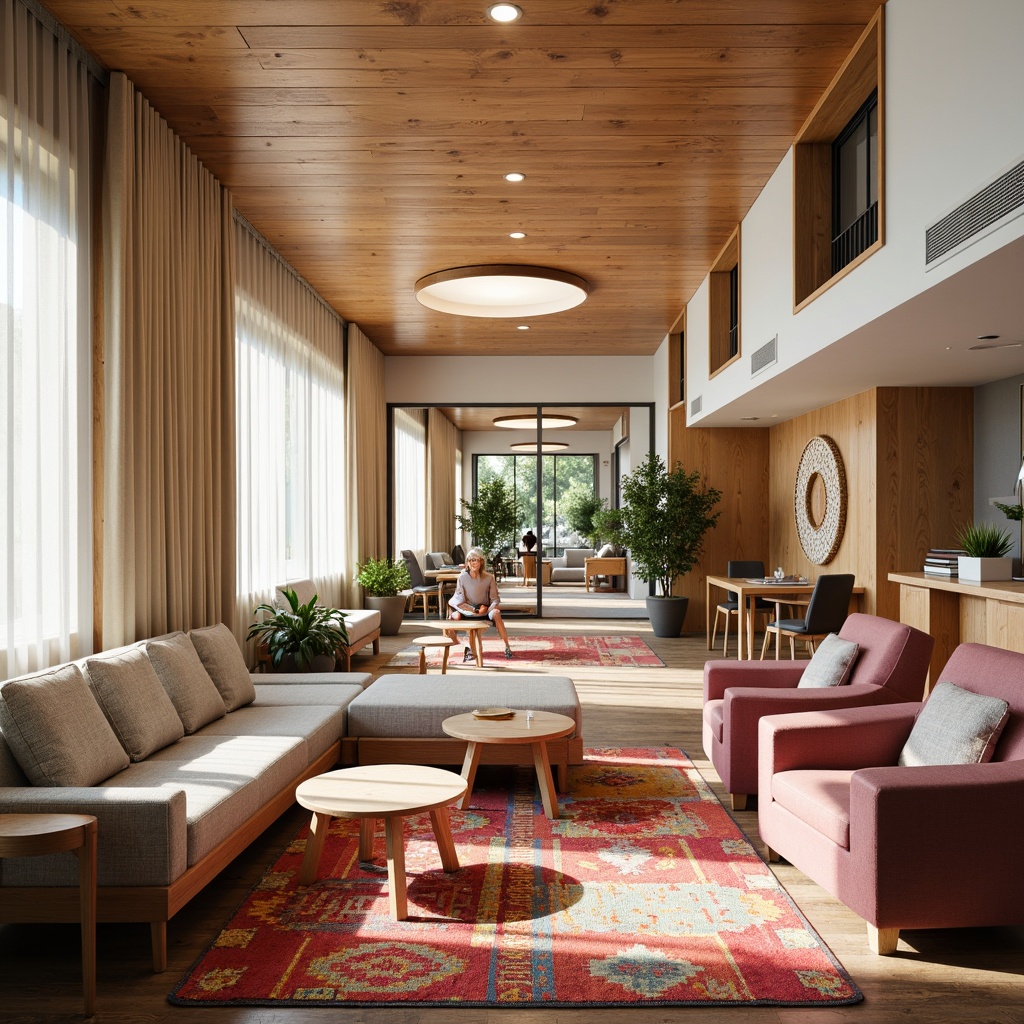 Prompt: Cozy campus lounge, natural wood accents, plush Scandinavian-inspired furniture, vibrant colorful textiles, geometric patterns, woven rugs, soft warm lighting, modern minimalist design, functional comfort, Nordic aesthetic, earthy tone color palette, nature-inspired motifs, organic shapes, woven wall hangings, cozy reading nooks, comfortable seating areas, collaborative workspaces, flexible learning environments, abundant natural light, clerestory windows, rustic wooden floors, soft pastel colors, subtle textures, 1/1 composition, intimate atmosphere.