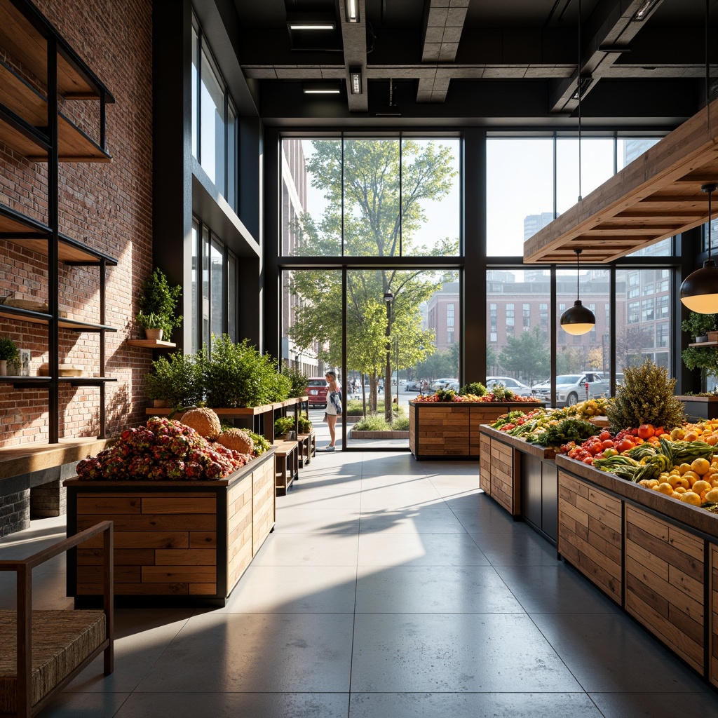 Prompt: Modern market interior, industrial chic aesthetic, exposed brick walls, polished concrete floors, minimalist decorative elements, sleek metal shelving units, rustic wood accents, vibrant colorful produce displays, abundant natural light, large glass windows, urban cityscape views, bustling atmosphere, shallow depth of field, 1/1 composition, warm soft lighting, realistic textures, ambient occlusion.