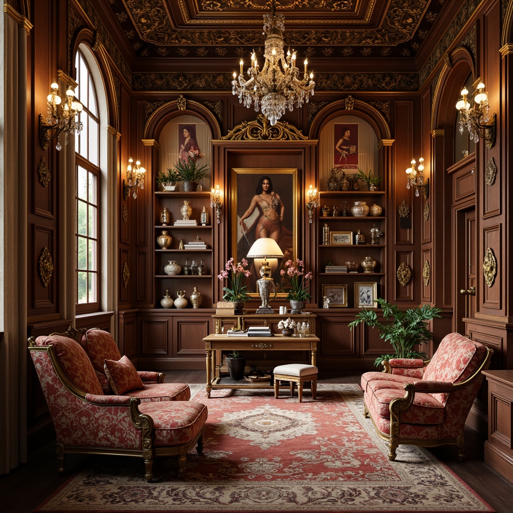 Prompt: Opulent storage room, intricately carved wooden cabinets, gilded metal accents, lavish fabrics, silk textiles, ornate mirrors, crystal chandeliers, velvet drapes, golden frames, French Renaissance-inspired furniture, curved lines, ornamental motifs, soft warm lighting, shallow depth of field, 1/1 composition, realistic textures, ambient occlusion.