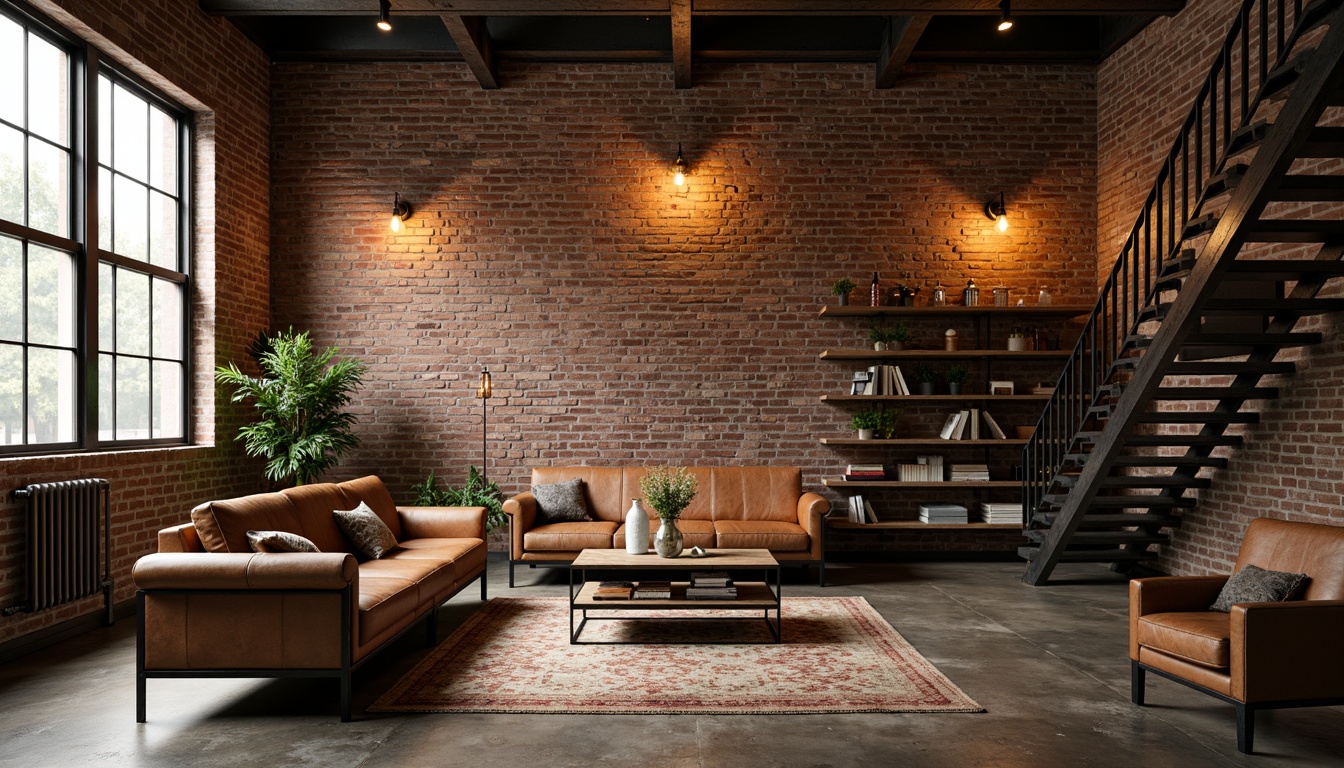 Prompt: Exposed brick walls, industrial metal beams, reclaimed wood flooring, vintage factory windows, distressed leather sofas, metal coffee tables, Edison bulb pendant lights, rustic wooden shelves, urban loft atmosphere, warm yellow tone lighting, high ceiling, concrete floors, metal staircase, minimalist decor, modern industrial chic style, dramatic shadows, low-key ambient lighting, 1/1 composition, cinematic mood, realistic textures.