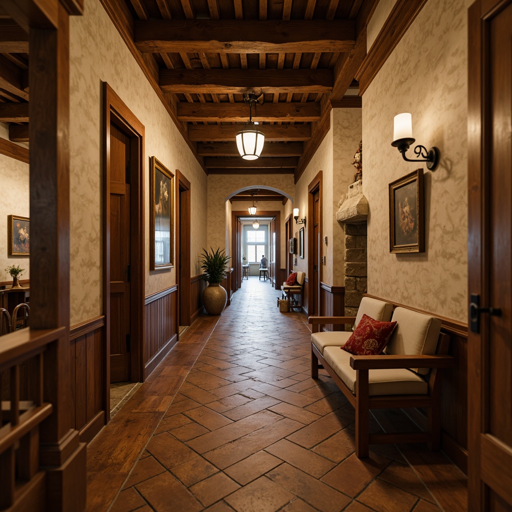 Prompt: Rustic hallway, warm earthy tones, natural wood accents, wooden beams, stone walls, traditional craftsman style, textured plaster finishes, distressed wood panels, ornate metal fixtures, vintage lighting, rich wood trim, decorative wainscoting, soft warm glow, cozy atmosphere, shallow depth of field, 1/1 composition, realistic textures, ambient occlusion.