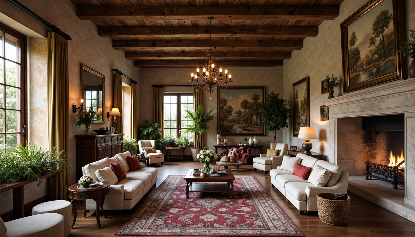 Prompt: Rustic French country estate, distressed wood furniture, soft velvet upholstery, antique bronze hardware, ornate carved wooden legs, plush area rugs, vintage tapestries, natural stone fireplaces, earthy color palette, warm golden lighting, cozy intimate spaces, lush greenery, overflowing flower arrangements, rustic wooden beams, distressed stone walls, elegant curved lines, refined luxurious fabrics, classic traditional patterns.