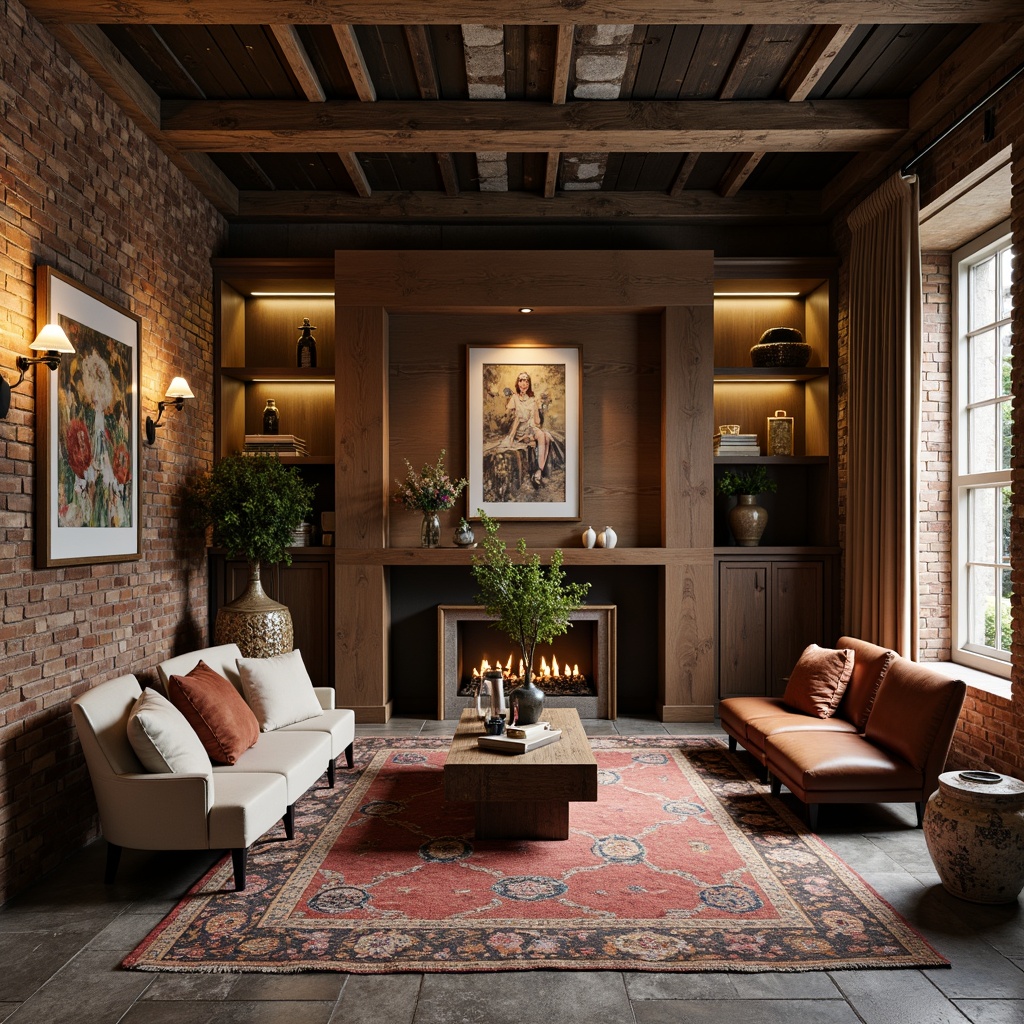 Prompt: Richly textured walls, natural stone flooring, plush area rugs, velvet sofas, reclaimed wood accents, industrial metal beams, exposed brick columns, cozy reading nooks, warm ambient lighting, soft fabric drapes, rustic wooden tables, distressed leather armchairs, ornate ceramic vases, earthy tone color palette, organic shapes, 3D geometric patterns, matte finish surfaces, eclectic vintage decor, inviting atmosphere, shallow depth of field, central focal point composition.