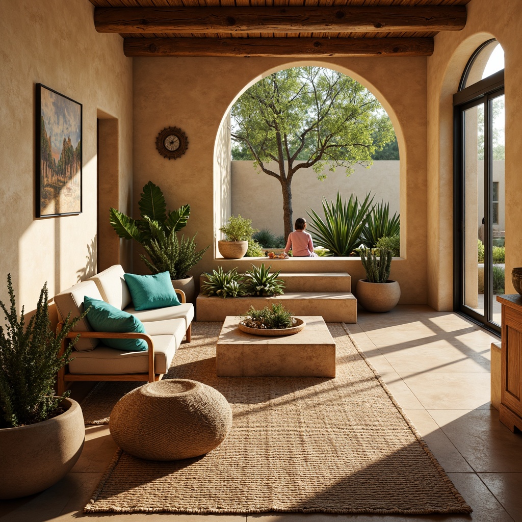 Prompt: Southwestern-style interior, warm beige walls, rustic wooden furniture, vibrant turquoise accents, woven textiles, natural fiber rugs, earthy clay pottery, organic shaped decorations, abundant cacti, succulents, sprawling greenery, large windows, sliding glass doors, soft warm lighting, gentle sunbeams, shallow depth of field, 1/1 composition, realistic textures, ambient occlusion.