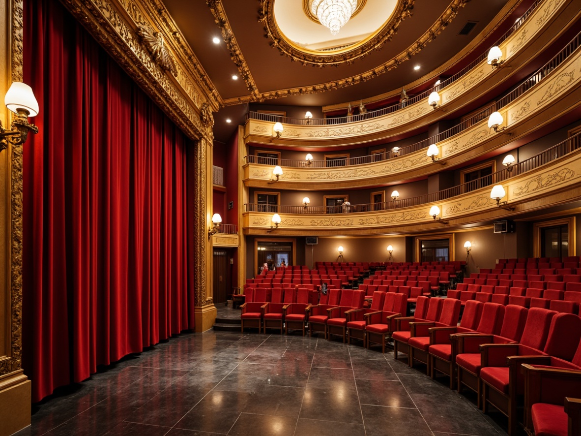 Prompt: Vibrant opera house interior, eclectic style decor, rich velvety red curtains, golden ornate details, intricate moldings, grand chandeliers, polished marble floors, plush velvet seating, ornate acoustic panels, sound-absorbing materials, curved lines, luxurious fabrics, bold color schemes, dramatic lighting effects, spotlights, warm ambiance, 3/4 composition, shallow depth of field, realistic textures, ambient occlusion.