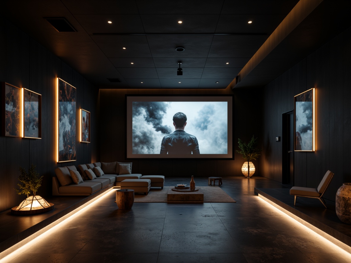 Prompt: Minimalist cinema interior, sleek black walls, polished concrete floors, subtle LED strips, ambient warm lighting, cinematic screens, comfortable lounge seating, industrial metal accents, geometric patterns, abstract artwork, moody color palette, high contrast ratios, dramatic spotlighting, softbox diffusers, grid-based composition, low-key lighting, atmospheric smoke effects, 1/1 aspect ratio, cinematic camera angles, shallow depth of field.