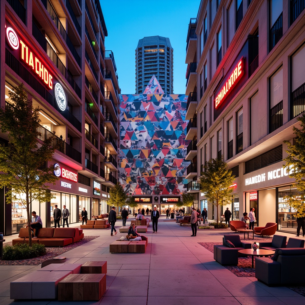 Prompt: Vibrant cityscape, eclectic buildings, irregular shapes, bold color schemes, playful typography, neon lights, abstract sculptures, futuristic furniture, exposed ductwork, industrial materials, reclaimed wood accents, polished concrete floors, fragmented forms, deconstructed architecture, dynamic lighting effects, shallow depth of field, 1/1 composition, wide-angle lens, cinematic atmosphere, stylized textures.