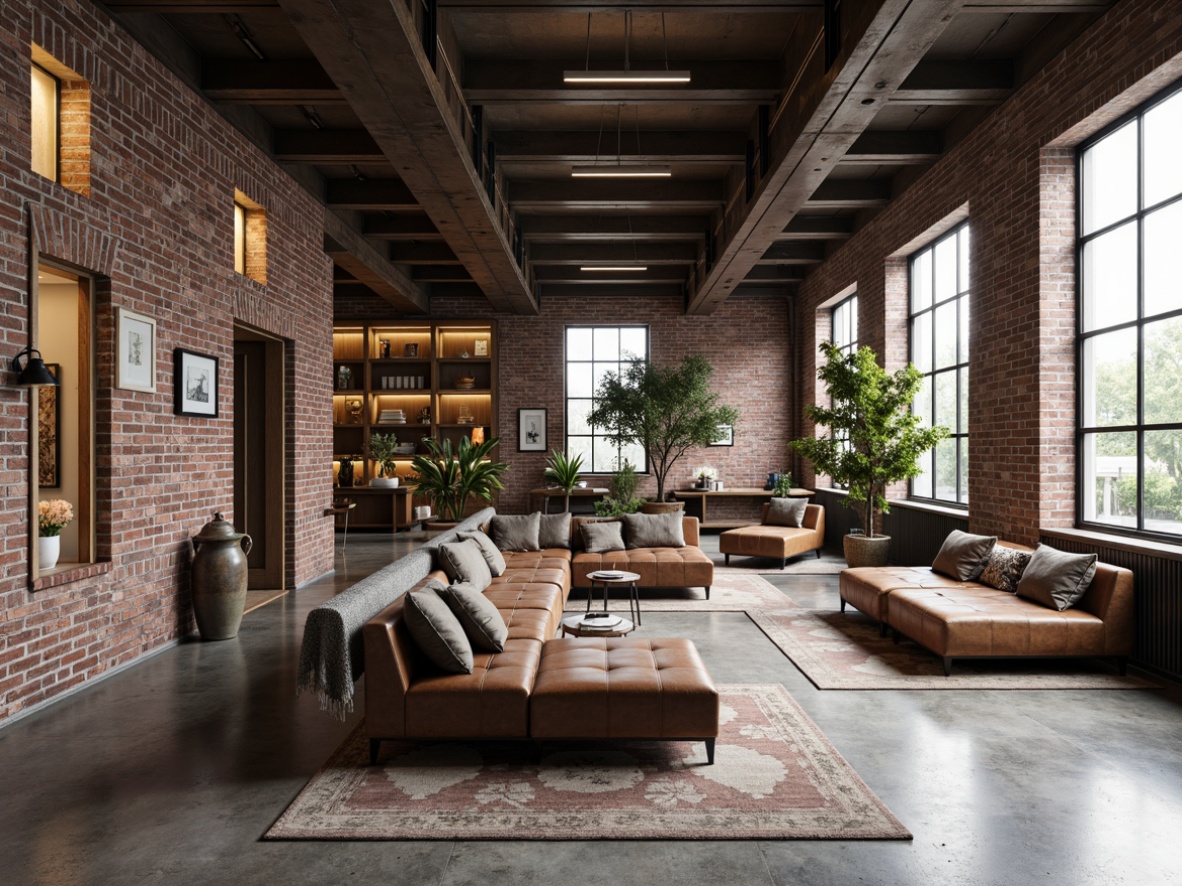 Prompt: Exposed brick walls, metal beams, reclaimed wood accents, industrial chic decor, distressed leather sofas, worn denim fabrics, rough-hewn stone floors, metallic tone onyx surfaces, minimalist lighting fixtures, urban loft atmosphere, converted warehouse space, functional decorative elements, utilitarian design aesthetic, neutral color palette, weathered steel details, polished concrete floors, geometric patterned rugs, functional textiles, industrial-era inspired accents.