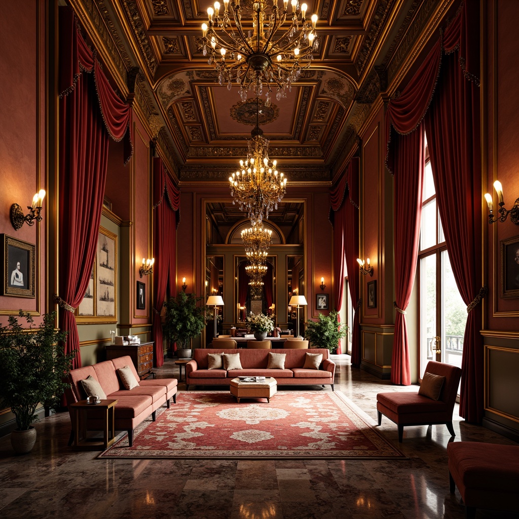 Prompt: Luxurious Baroque interior, rich velvet fabrics, ornate gold accents, deep jewel-toned walls, warm golden lighting, intricate carvings, lavish furnishings, heavy drapery, opulent chandeliers, marble flooring, grandiose architectural details, soft focus, shallow depth of field, 1/1 composition, dramatic shadows, high contrast, warm color harmony.