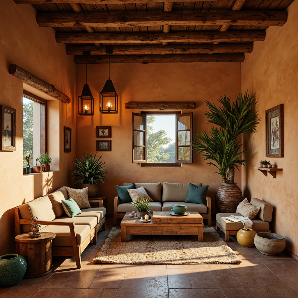 Prompt: Warm earthy tones, rustic wooden accents, vintage pottery, woven textiles, turquoise gemstones, natural adobe walls, clay tile floors, distressed wood beams, pendant lanterns, candlelight ambiance, warm golden lighting, soft shadows, 3/4 composition, shallow depth of field, realistic textures, ambient occlusion.