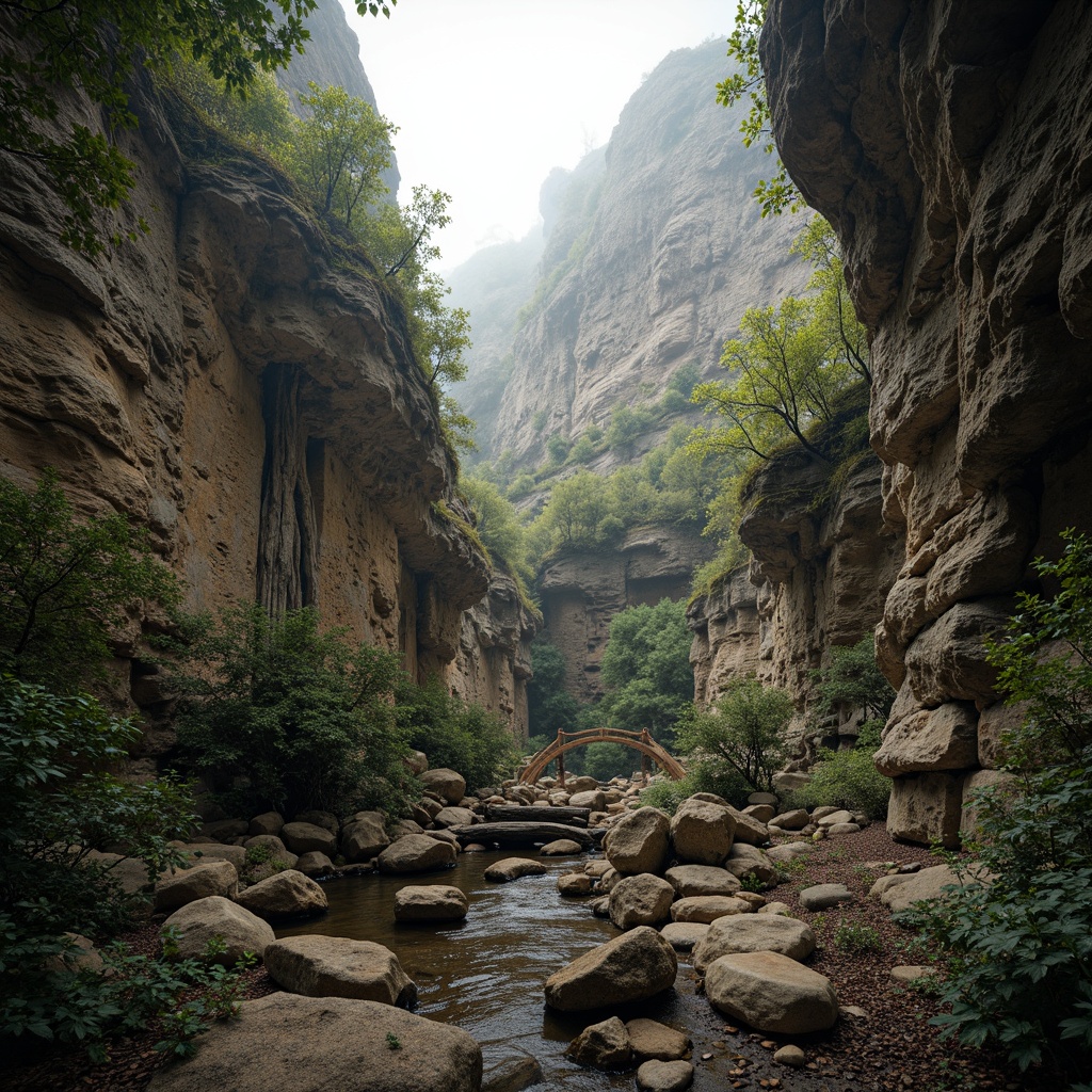 Prompt: Rugged mountainous terrain, rocky formations, weathered stone walls, moss-covered boulders, misty atmosphere, soft natural lighting, warm earth tones, intricate rock patterns, layered geological structures, ancient tree roots, gnarled branches, rustic wooden bridges, winding hiking trails, serene forest clearings, shallow depth of field, 3/4 composition, cinematic camera angles, high-contrast textures, ambient occlusion.