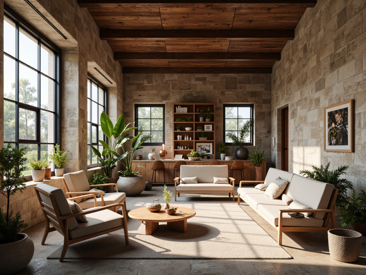 Prompt: Natural stone walls, reclaimed wood accents, earthy color palette, organic textures, industrial metal beams, exposed brick facades, minimalist decor, eco-friendly furniture, potted plants, natural light pouring in, airy open spaces, modern rustic fusion, 1/2 composition, soft warm lighting, realistic material rendering.