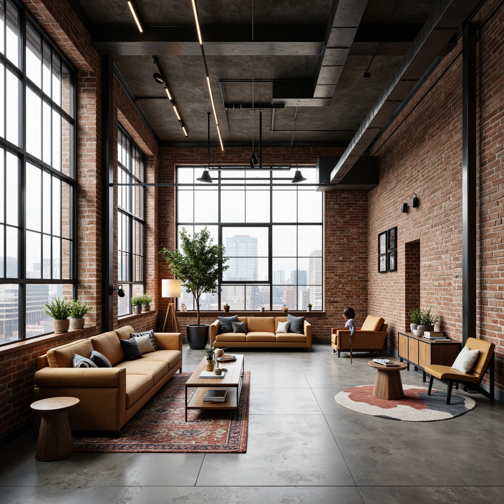 Prompt: Industrial chic loft space, exposed brick walls, polished concrete floors, minimalist decor, functional open layout, sleek metal beams, industrial-style lighting fixtures, reclaimed wood accents, modern Bauhaus-inspired furniture, geometric patterns, bold color blocking, natural textiles, abundant natural light, large windows, urban cityscape views, cloudy day, soft diffused lighting, shallow depth of field, 2/3 composition, realistic materials, ambient occlusion.