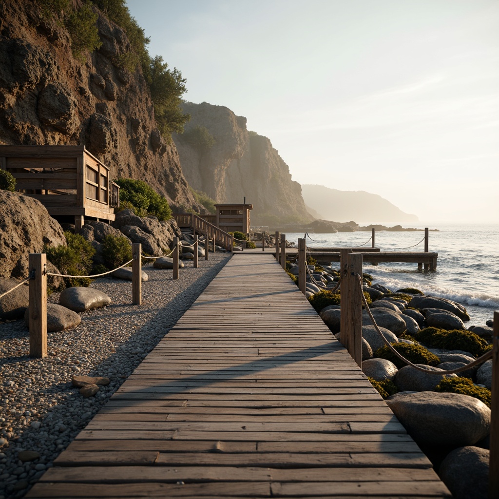 Prompt: Weathered wooden docks, driftwood accents, sandy beach textures, ocean-inspired color palette, sea-salt air, misty morning light, soft warm glow, shallow depth of field, 3/4 composition, panoramic view, realistic wave simulations, ambient occlusion, rugged cliff formations, crashing waves, seaweed-covered rocks, beachside pathways, nautical rope details, distressed wood planks, ocean-breeze sounds, serene coastal atmosphere.