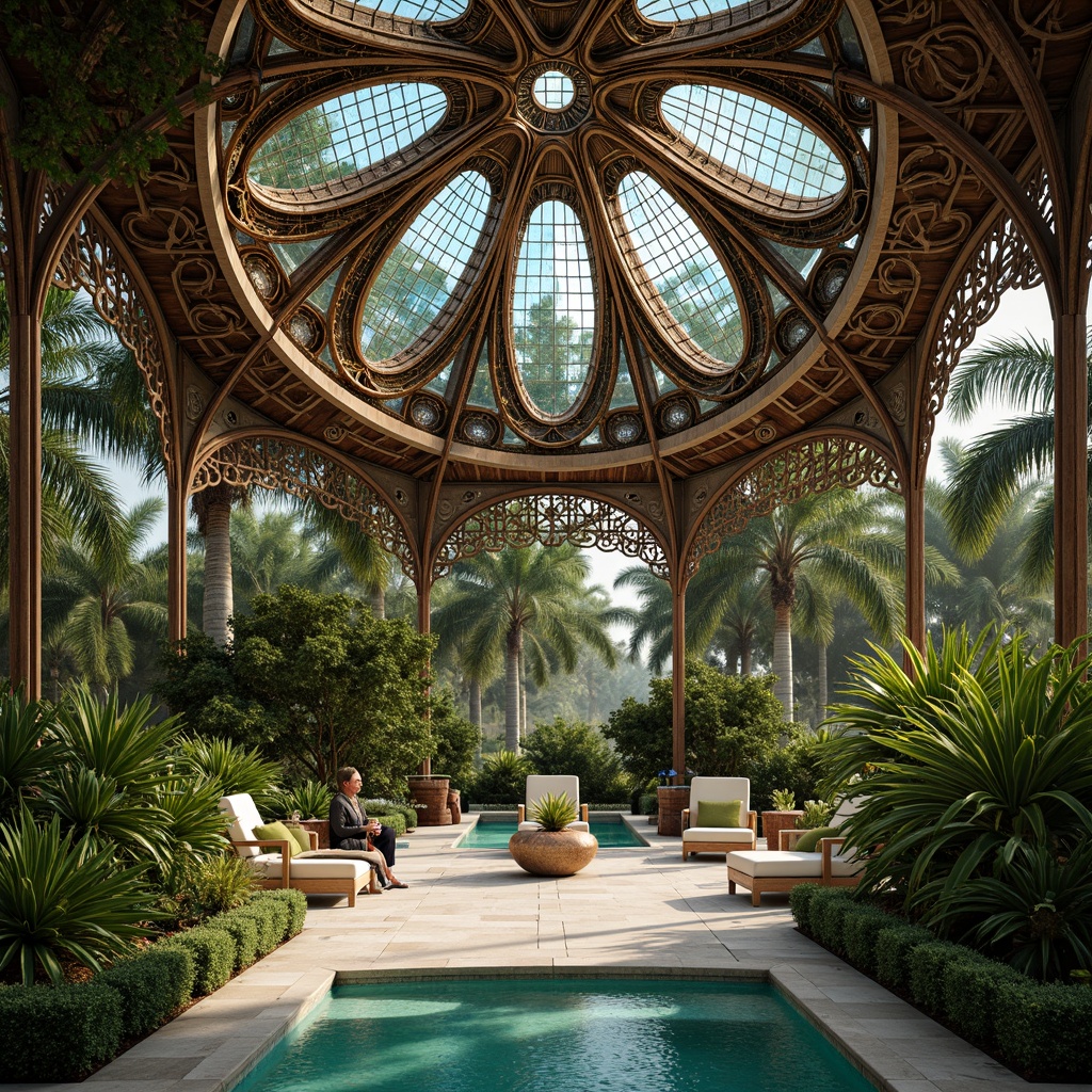 Prompt: Intricate pavilion, curved lines, flowing organic forms, ornate metalwork, delicate filigree, vibrant turquoise tiles, lush greenery, tropical plants, natural stone flooring, grand entrance arches, stained glass domes, soft warm lighting, shallow depth of field, 1/1 composition, intimate close-up shots, realistic textures, ambient occlusion.