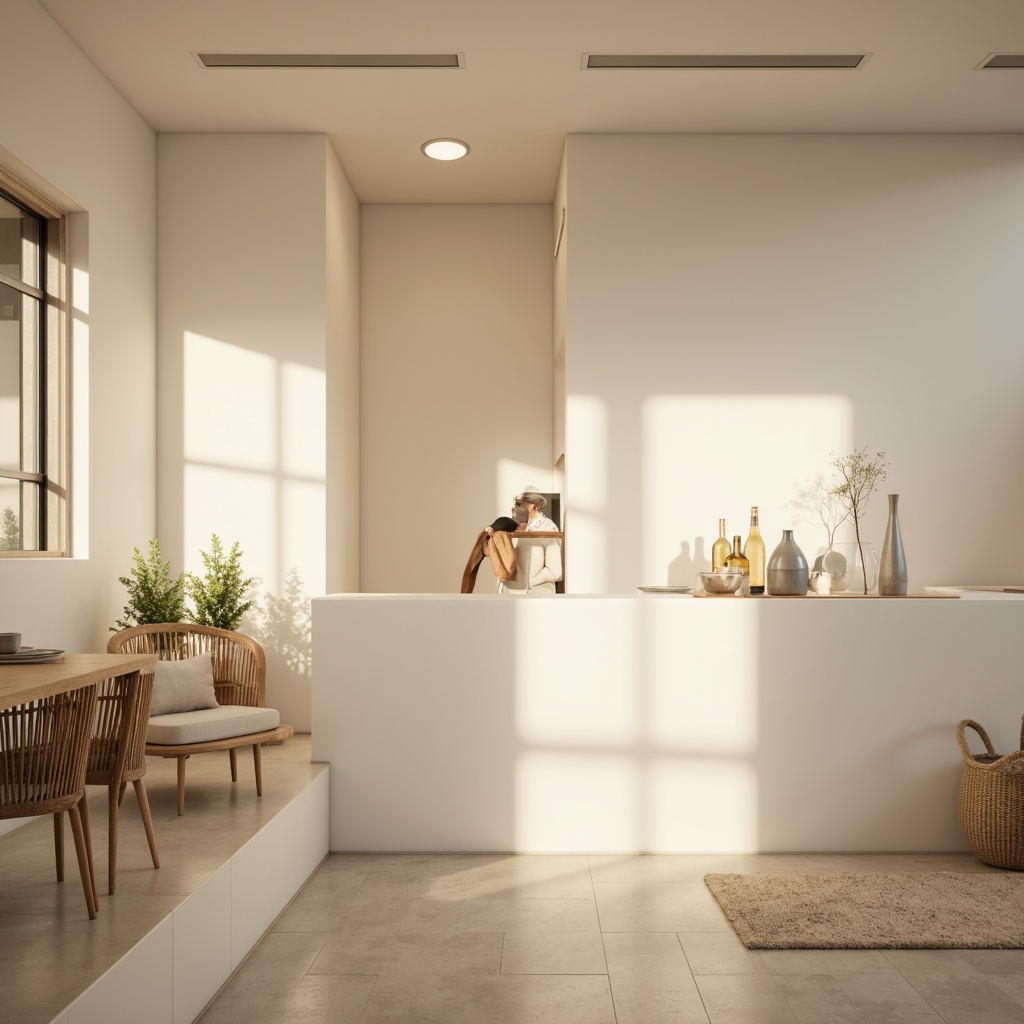 Prompt: Minimalist interior, soft warm glow, subtle shadows, recessed lighting, hidden light sources, sleek metal fixtures, matte white surfaces, sparse decorative elements, natural textiles, calm atmosphere, serene ambiance, morning sunlight, gentle indirect illumination, 1/1 composition, shallow depth of field, realistic textures, ambient occlusion.