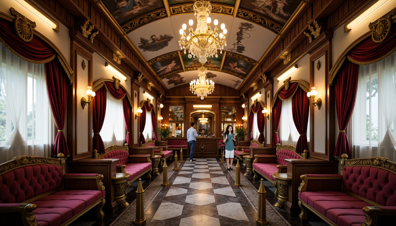 Prompt: Ornate train station, grandiose chandeliers, intricately carved wooden benches, gilded metal accents, plush velvet upholstery, curved lines, ornamental mirrors, marble floors, frescoed ceilings, Baroque-inspired architecture, lavish drapery, soft warm lighting, shallow depth of field, 1/1 composition, realistic textures, ambient occlusion.