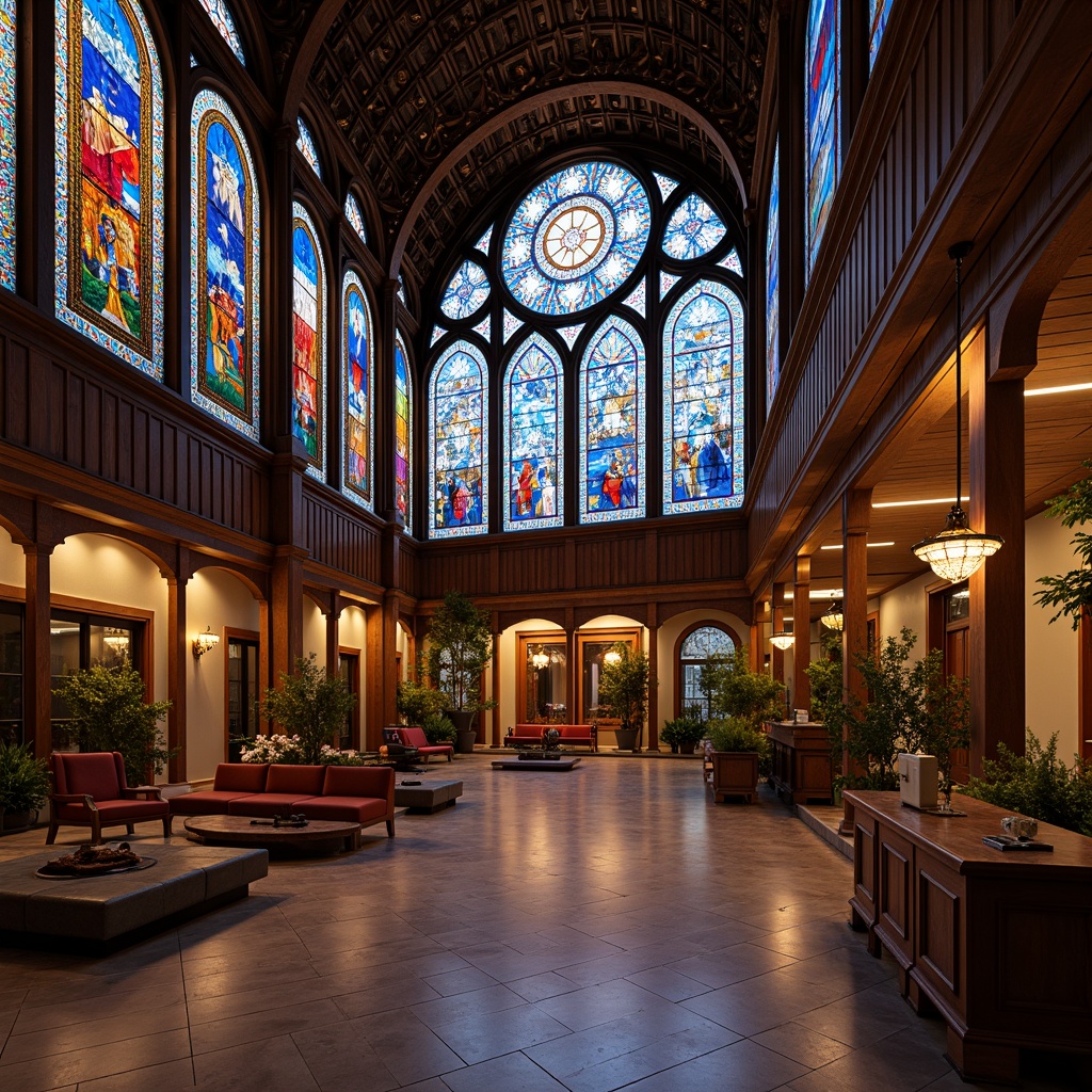 Prompt: Vibrant stained glass artworks, intricate patterns, colorful textures, ornate details, Gothic-inspired arches, grand atriums, luxurious chandeliers, polished marble floors, elegant wooden paneling, sophisticated furnishings, ambient warm lighting, subtle color gradations, 1/2 composition, soft focus, realistic reflections.