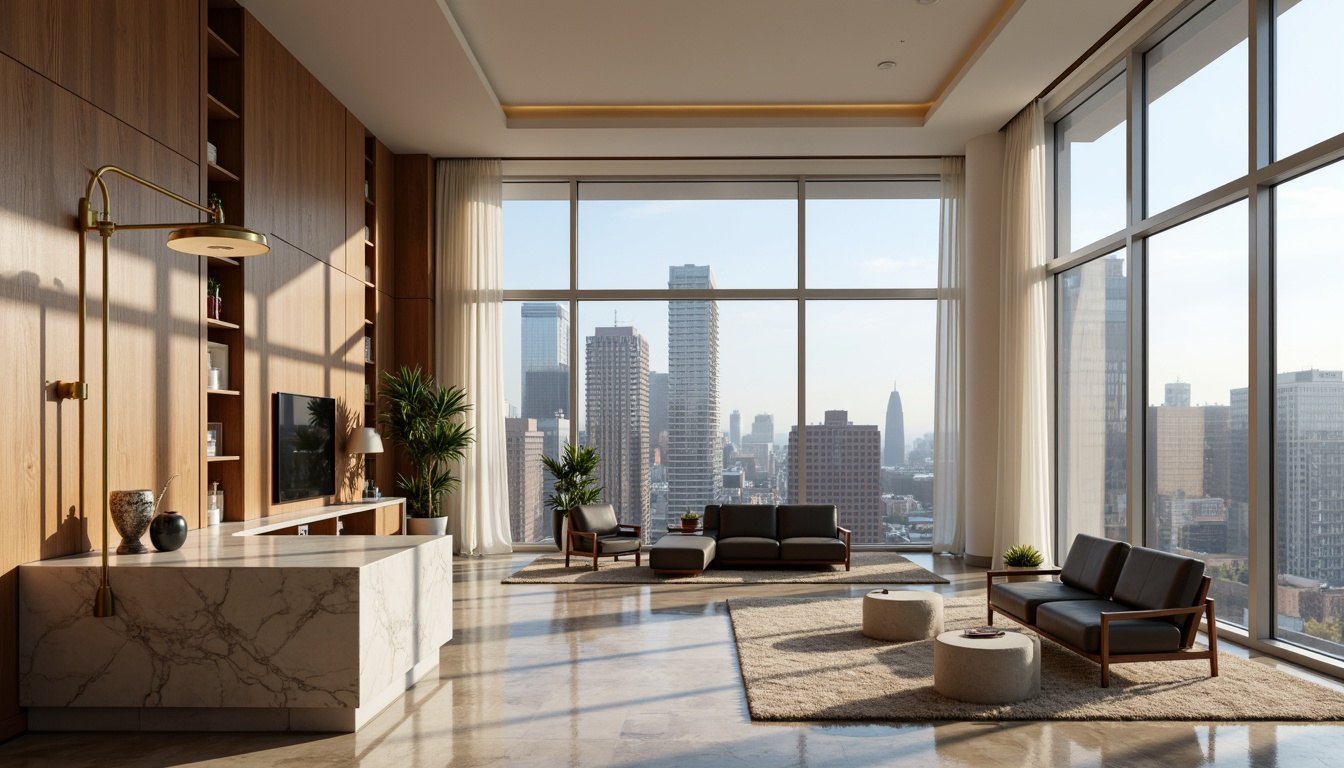 Prompt: Luxurious penthouse, breathtaking cityscape views, floor-to-ceiling windows, modern minimalist interior, rich wood accents, soft cream walls, velvety dark grey sofas, metallic gold lighting fixtures, plush area rugs, elegant marble countertops, warm beige flooring, natural stone cladding, sophisticated neutral color scheme, calming atmosphere, soft box lighting, 1/2 composition, atmospheric perspective, realistic reflections.