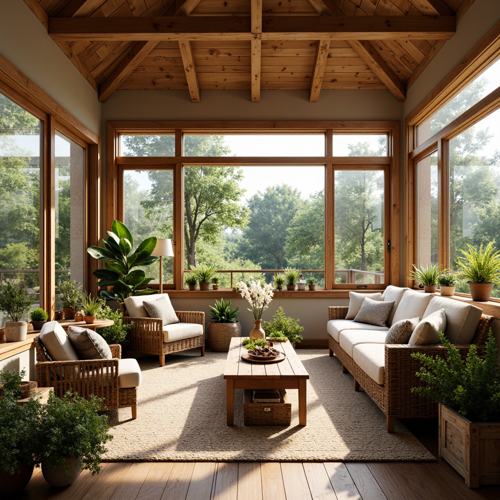 Prompt: Cozy sunroom, rustic farmhouse style, natural wood accents, large windows, sliding glass doors, panoramic views, abundant natural light, bright and airy atmosphere, lush greenery, potted plants, vintage decor, distressed finishes, earthy tones, warm beige walls, comfortable seating areas, plush throw pillows, woven baskets, soft warm lighting, shallow depth of field, 3/4 composition, realistic textures, ambient occlusion.