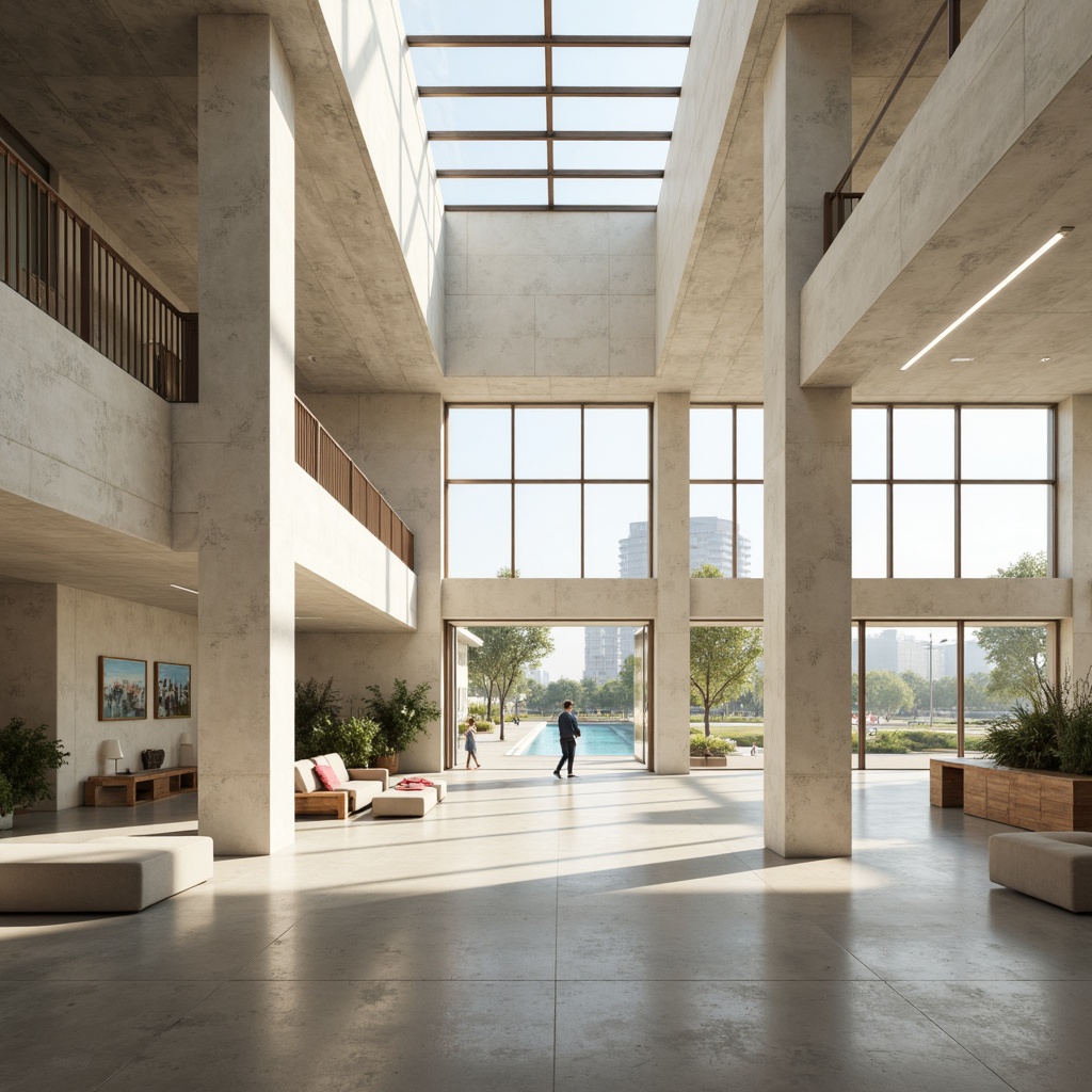 Prompt: Spacious open-plan interior, high ceilings, large windows, clerestory windows, skylights, transparent glass doors, minimalist decor, reflective surfaces, polished concrete floors, light-colored walls, airy atmosphere, sunny day, soft warm lighting, shallow depth of field, 3/4 composition, panoramic view, realistic textures, ambient occlusion.