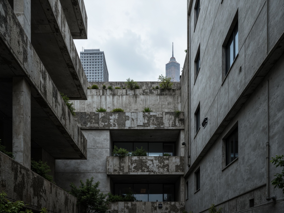 Prompt: Exposed concrete walls, raw brutalist aesthetic, industrial materials, steel beams, rugged textures, unfinished surfaces, bold architectural forms, geometric patterns, urban cityscape, overcast skies, dramatic lighting, high contrast, gritty realism, detailed renders, cinematic composition, atmospheric effects.