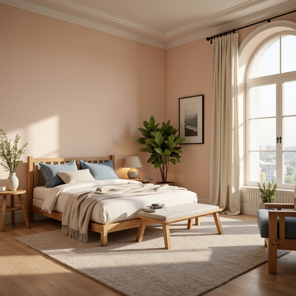 Prompt: Cozy bedroom, soft warm lighting, calming atmosphere, plush carpet, comfortable bedding, soothing color palette, pastel hues, gentle peach tones, creamy whites, light grays, natural wood furniture, minimalist decor, serene ambiance, relaxing retreat, peaceful escape, warm beige walls, tranquil blue accents, subtle texture contrasts, 3/4 composition, shallow depth of field.