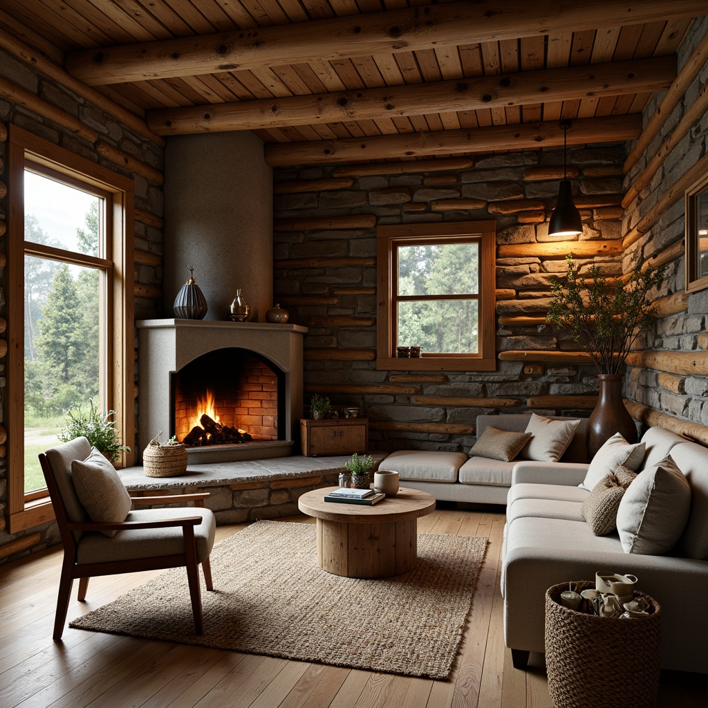 Prompt: Rustic wooden cabin, natural stone walls, earthy color palette, reclaimed wood accents, vintage metal decor, cozy fireplace, plush textiles, woven baskets, potted plants, soft warm lighting, shallow depth of field, 1/2 composition, intimate atmosphere, organic shapes, earthy scent, crackling fire sounds.